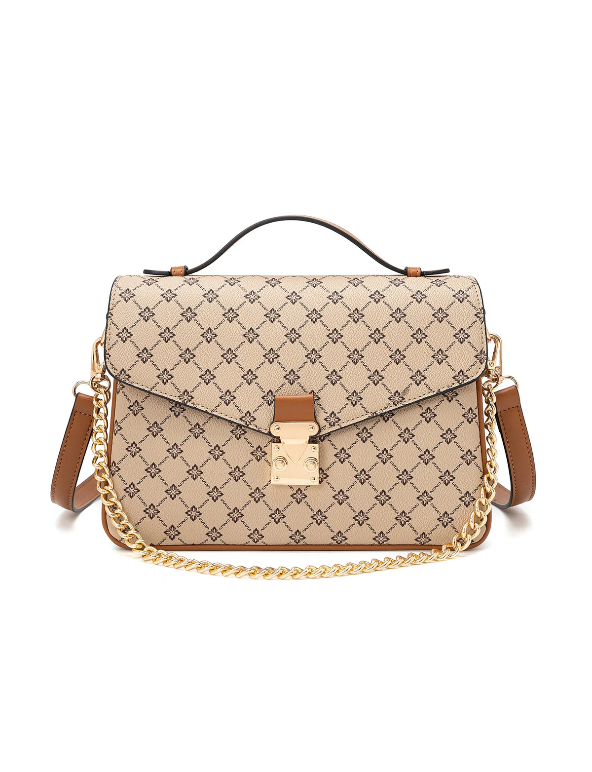 NAPLES TRIPLE COMPARTMENT BAG W/ CHAIN DETAIL AND ADJUSTABLE XBODY STRAP - BEIGE