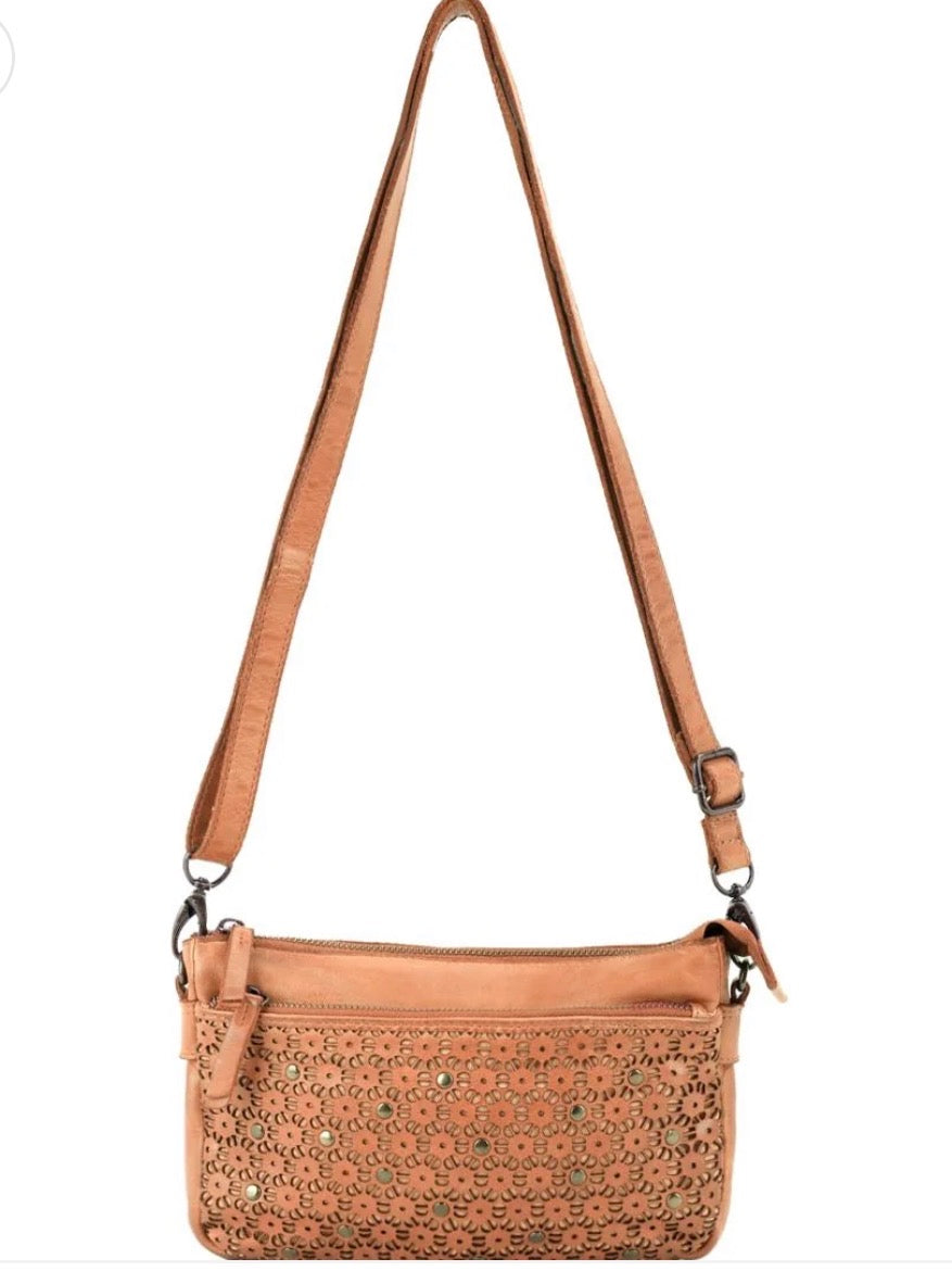 BOWRAL LASER CUT CROSS BODY STRAP W/ STUDS - Tan