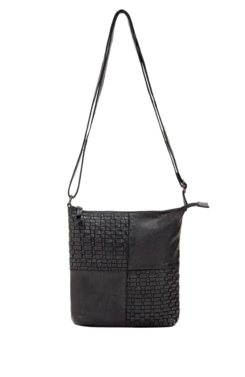 KALGOORLIE WOVEN PANELLED LEATHER XBODY BAG- A-0001-BLACK- NEW IN