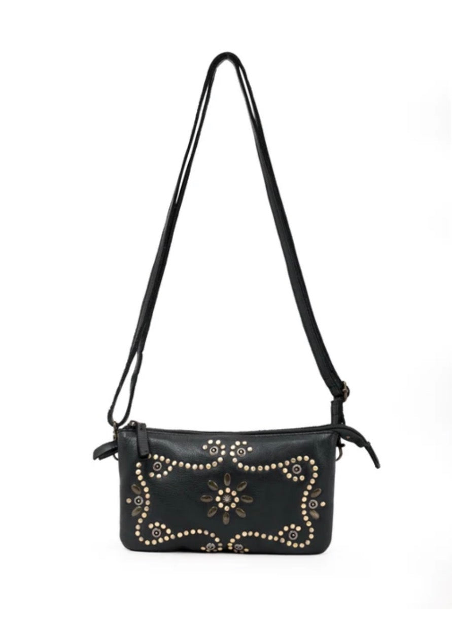 FITZROY STUDDED CROSS BODY BAG W/ ADJUSTABLE STRAP - BLACK